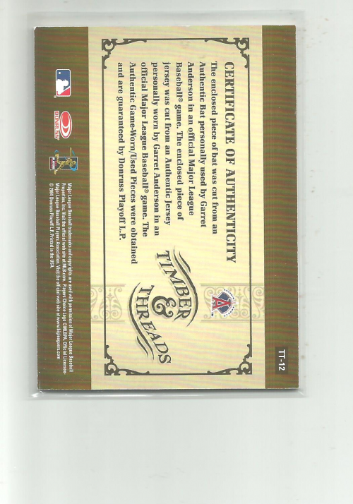 2005 Donruss Timber and Threads Combo #12 Garret Anderson Bat-Jsy back image