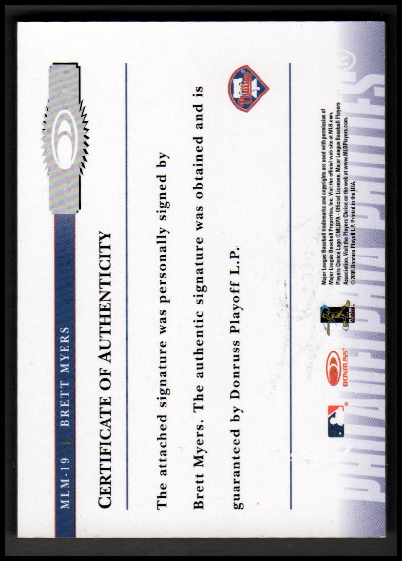 2005 Prime Patches Major League Materials Autograph #19 Brett Myers T5 back image