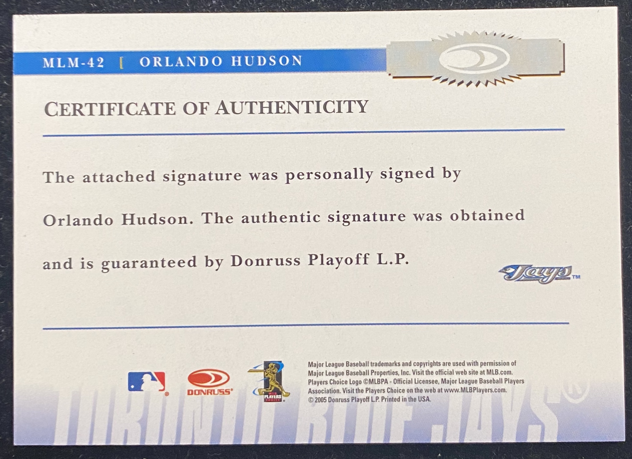 2005 Prime Patches Major League Materials Autograph #42 Orlando Hudson T5 back image