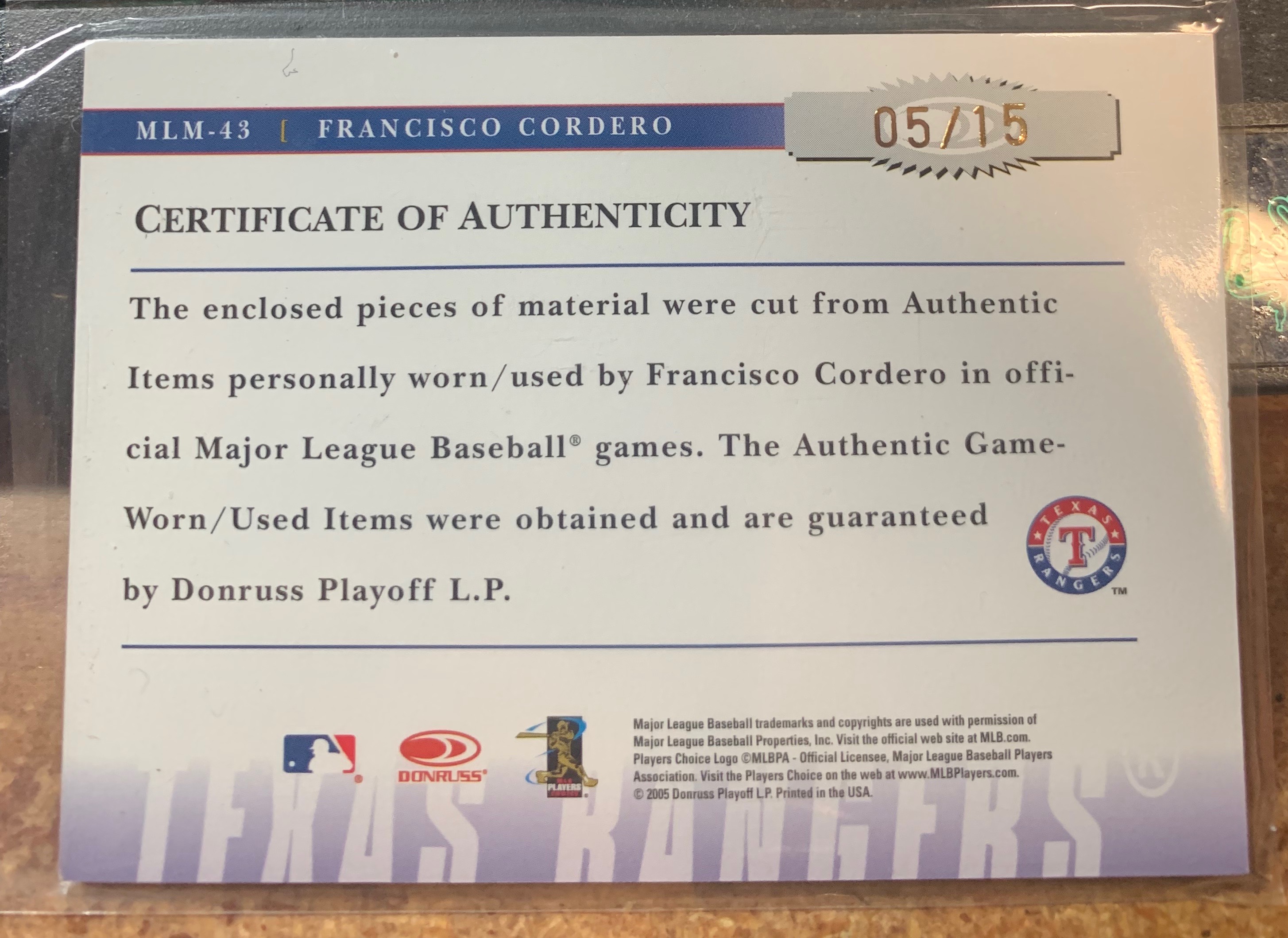 2005 Prime Patches Major League Materials Autograph Quad Swatch #43 F.Cordero J-J-J-J/15 back image