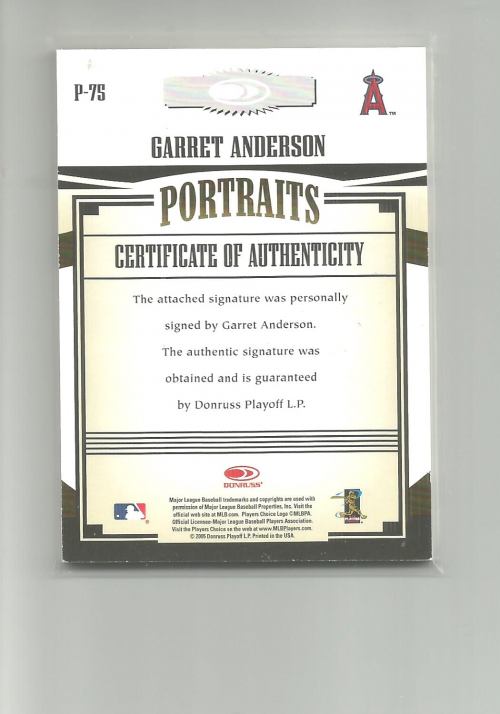 2005 Prime Patches Portraits Autograph #75 Garret Anderson T4 back image