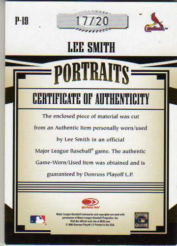 2005 Prime Patches Portraits Autograph Jersey #19 Lee Smith/20 back image