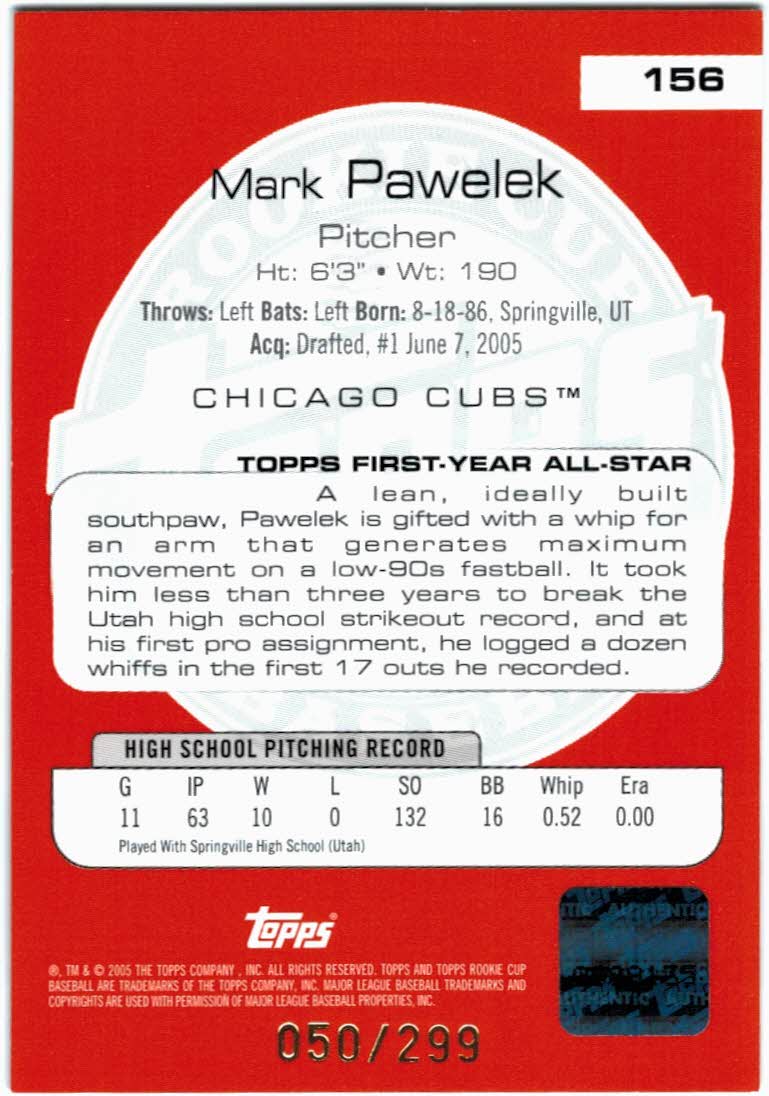 2005 Topps Rookie Cup Orange #156 Mark Pawelek AU back image