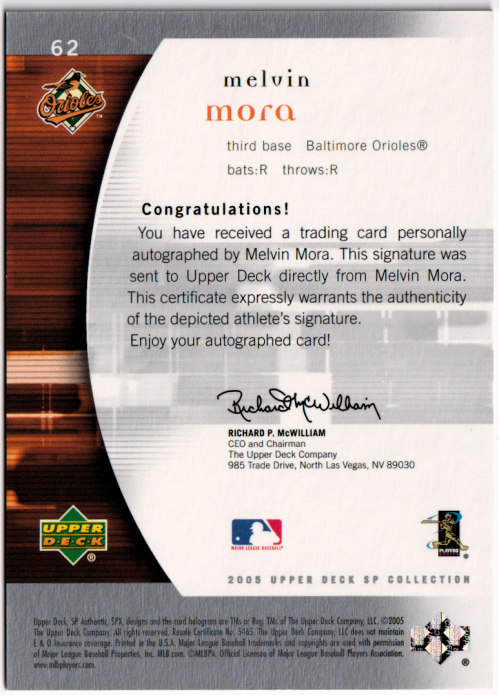 2005 SP Authentic Signature #62 Melvin Mora/475 back image