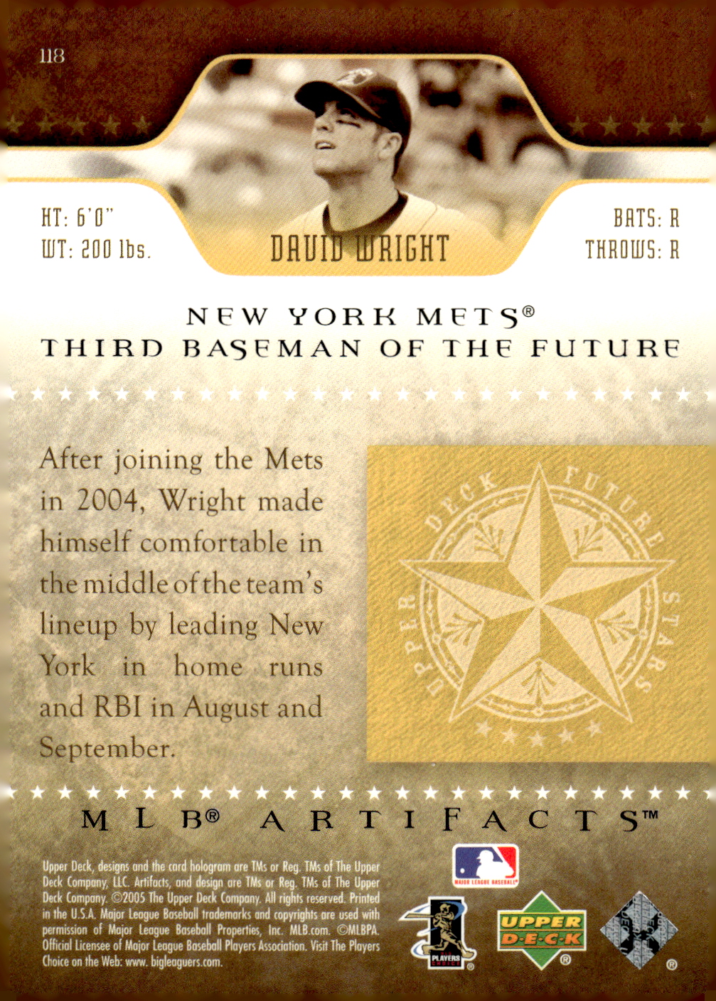 2005 Artifacts #118 David Wright FS back image