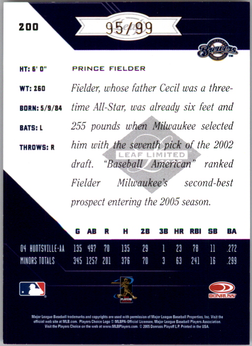 2005 Leaf Limited Bronze Spotlight #200 Prince Fielder PH back image