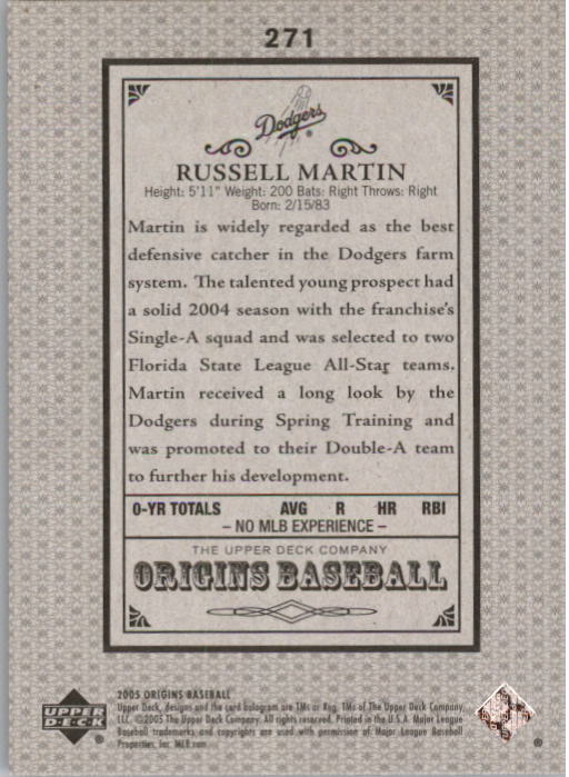 2005 Origins Old Judge Gold #271 Russell Martin YS back image