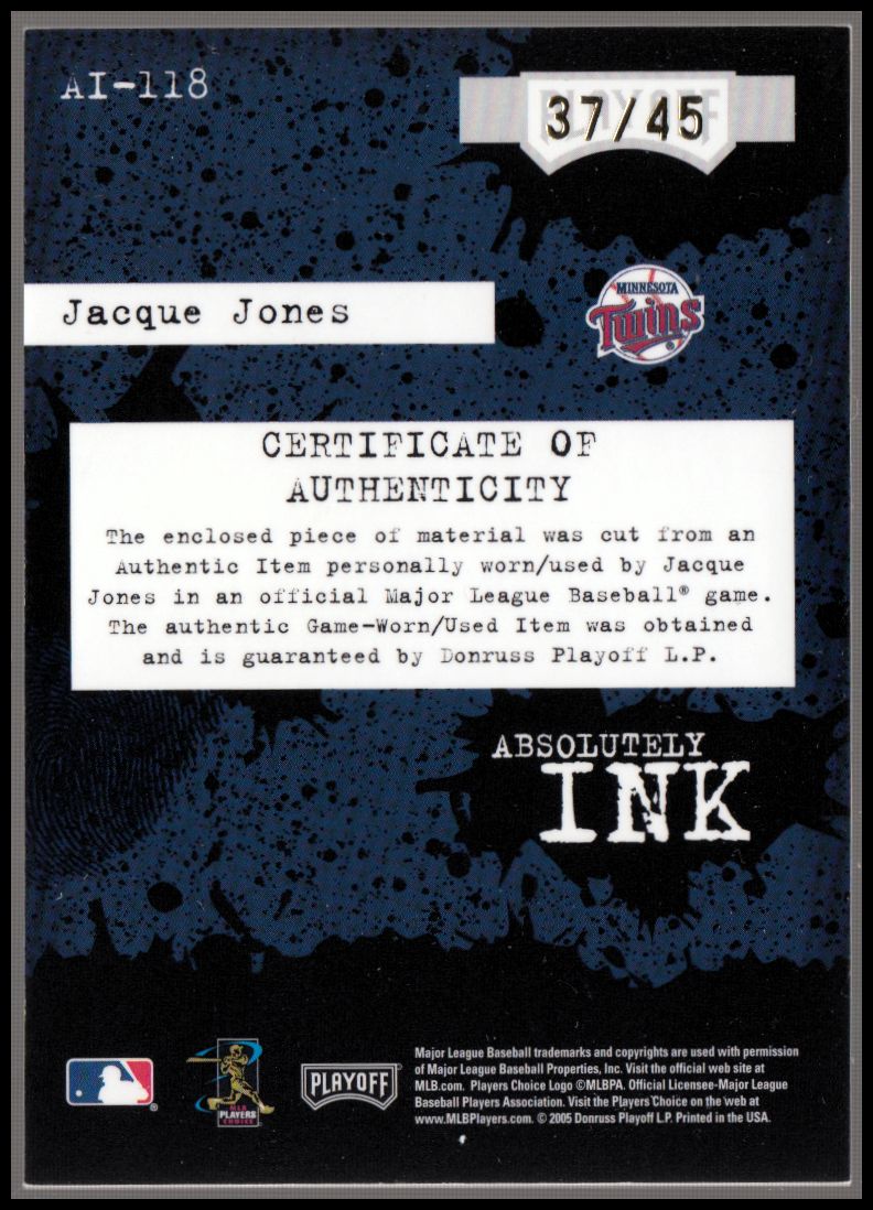 2005 Absolute Memorabilia Absolutely Ink Swatch Single #AI118 Jacque Jones Bat/45 back image
