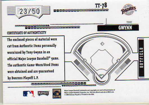 2005 Absolute Memorabilia Tools of the Trade Swatch Double Prime Red #78 Tony Gwynn J-P/50 back image