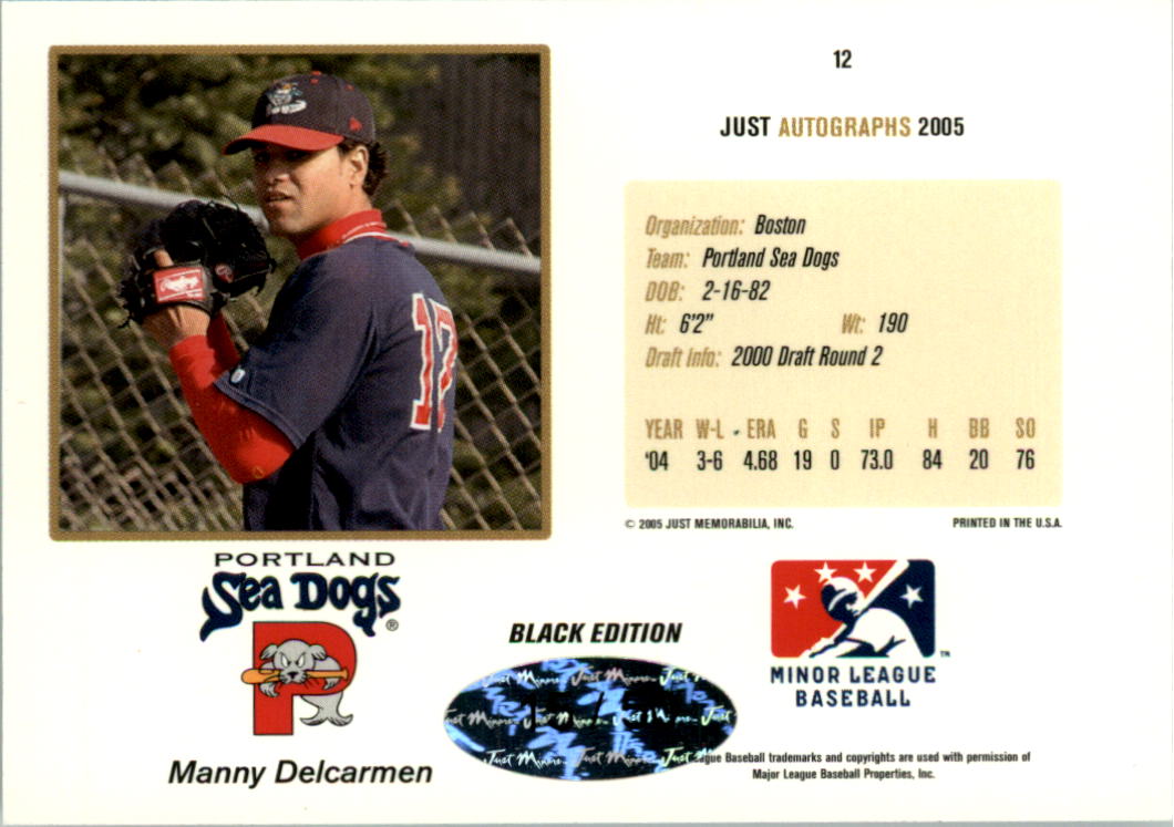 2005 Just Autographs Black #12 Manny Delcarmen back image