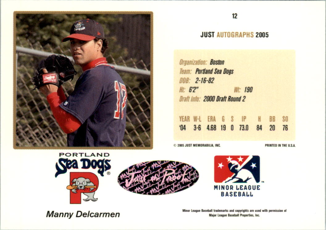 2005 Just Autographs Signatures #12 Manny Delcarmen/625 * back image