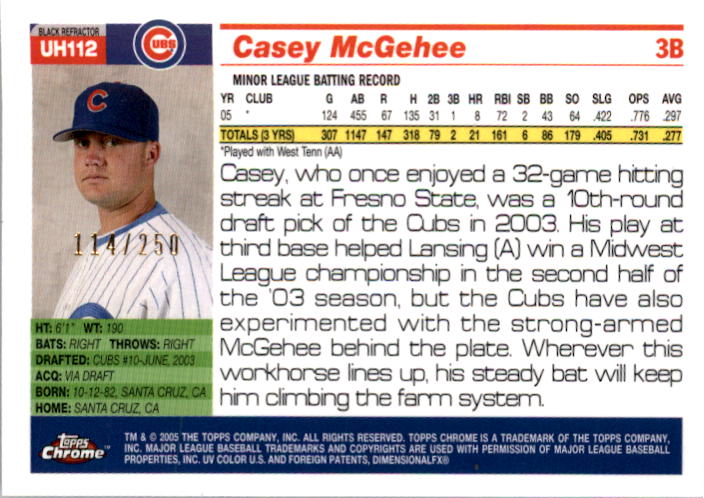 2005 Topps Chrome Update Black Refractors #112 Casey McGehee FY