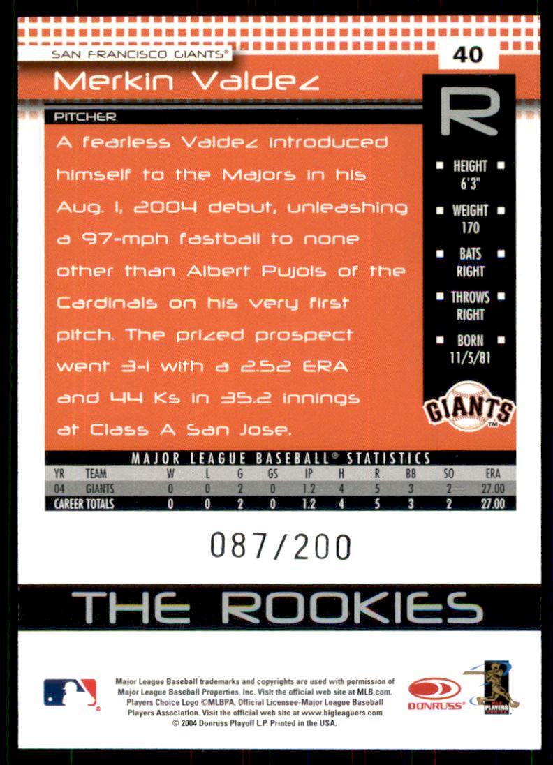 2005 Donruss Rookies Press Proofs Red #40 Merkin Valdez back image