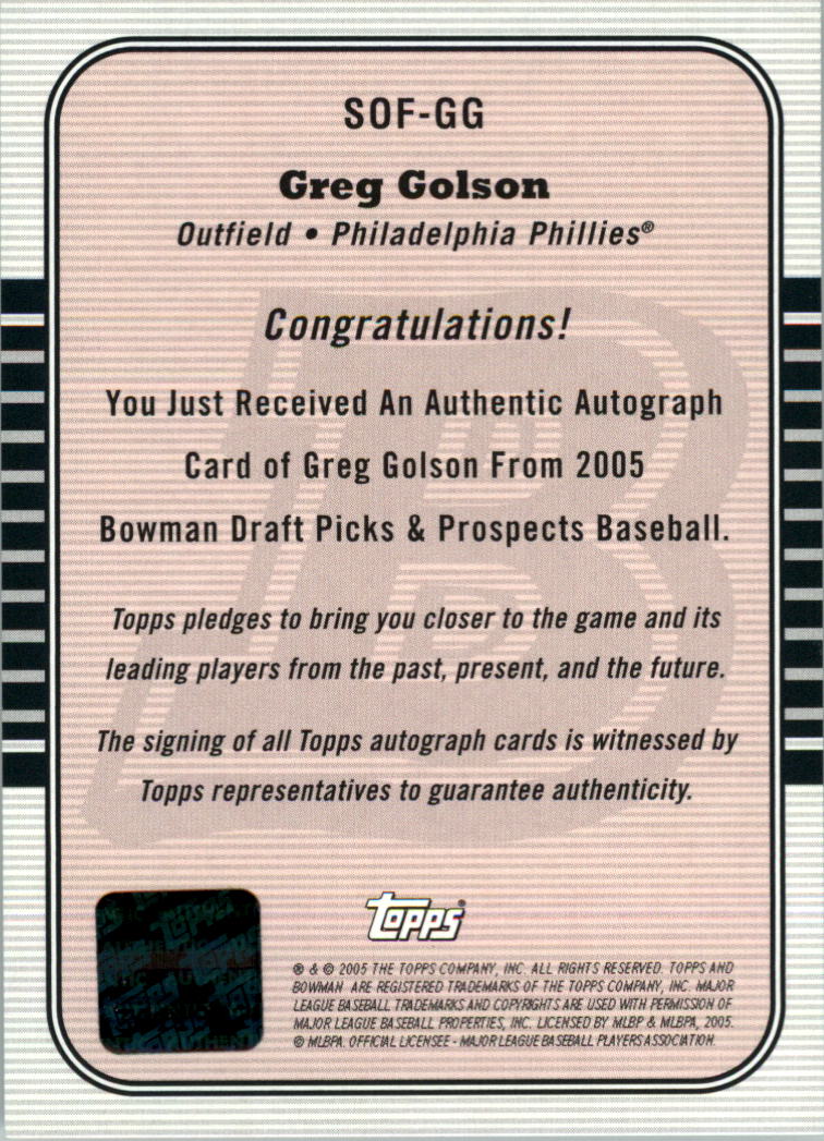2005 Bowman Draft Signs of the Future #GG Greg Golson C back image