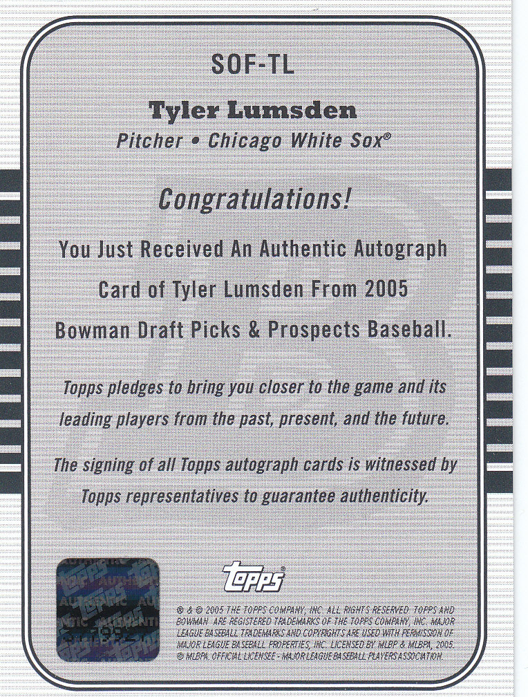 2005 Bowman Draft Signs of the Future #TL Tyler Lumsden A back image