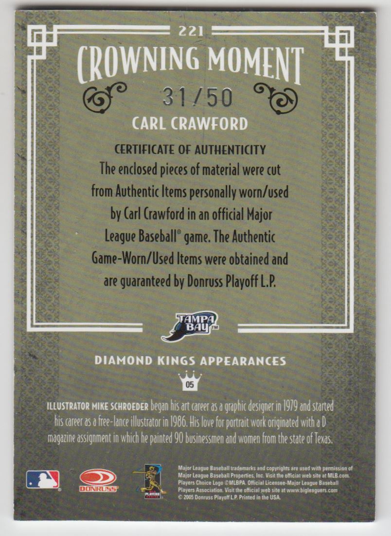 2005 Diamond Kings Signature Materials Gold #221 Carl Crawford Jsy-Jsy/50 back image