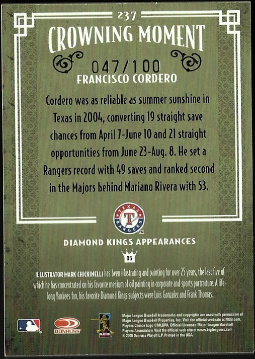 2005 Diamond Kings Signature Framed Red #237 Francisco Cordero/100 back image