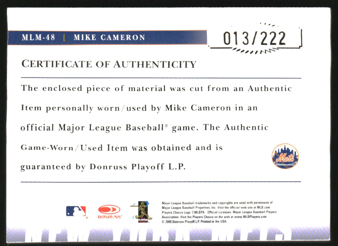 2005 Prime Patches Major League Materials Jumbo Swatch #48 Mike Cameron/222 back image