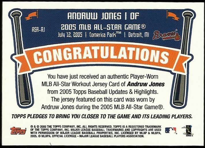 2005 Topps Update All-Star Stitches #AJ Andruw Jones C back image