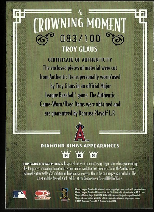 2005 Diamond Kings Materials Framed Red #4 Troy Glaus Bat-Jsy/100 back image