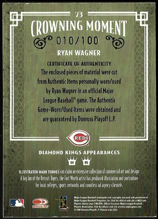 2005 Diamond Kings Materials Framed Red #73 Ryan Wagner Jsy-Jsy/100 back image