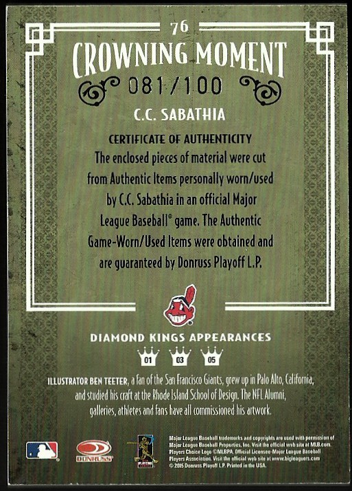 2005 Diamond Kings Materials Framed Red B/W #76 C.C. Sabathia Jsy-Jsy/100 back image