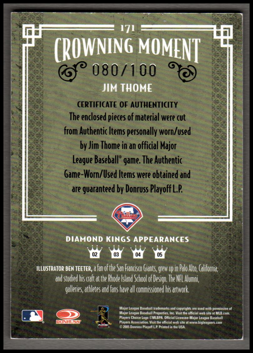 2005 Diamond Kings Materials Framed Red B/W #171 Jim Thome Phils Jsy-Jsy/100 back image