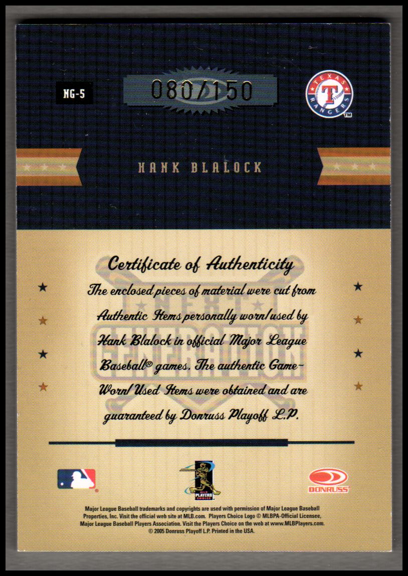 2005 Prime Patches Next Generation Triple Swatch #5 Hank Blalock B-J-J/150 back image