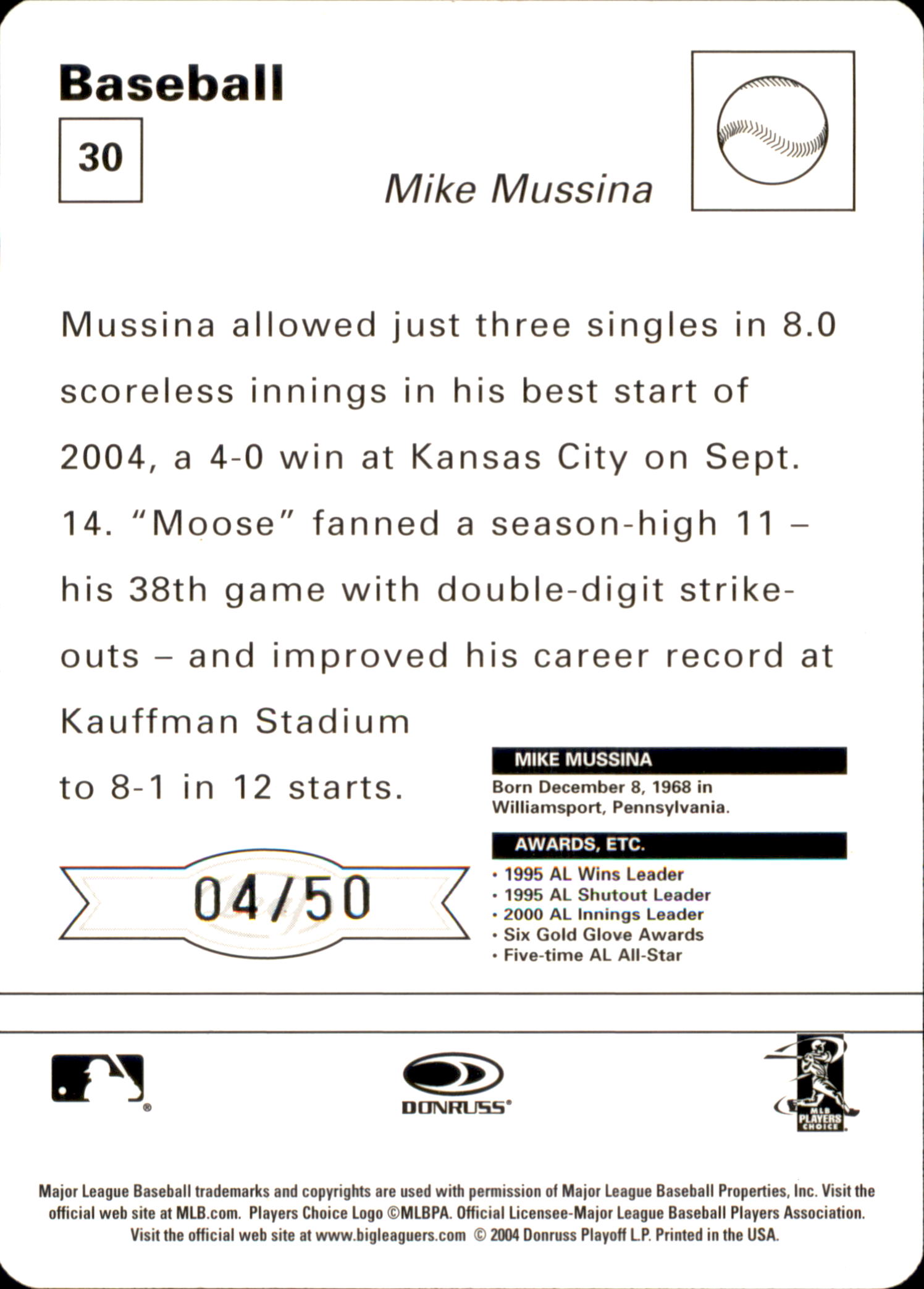 2005 Leaf Sportscasters 50 White Throwing-Ball #30 Mike Mussina back image