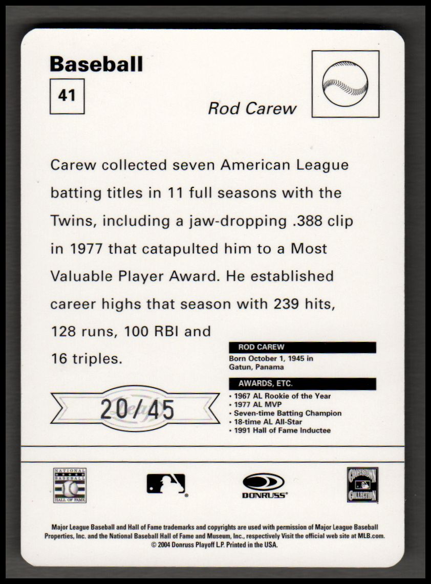 2005 Leaf Sportscasters 45 Orange Batting-Ball #41 Rod Carew back image