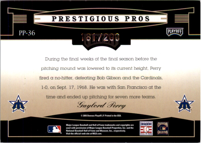 2005 Playoff Prestige Prestigious Pros Purple #36 Gaylord Perry back image