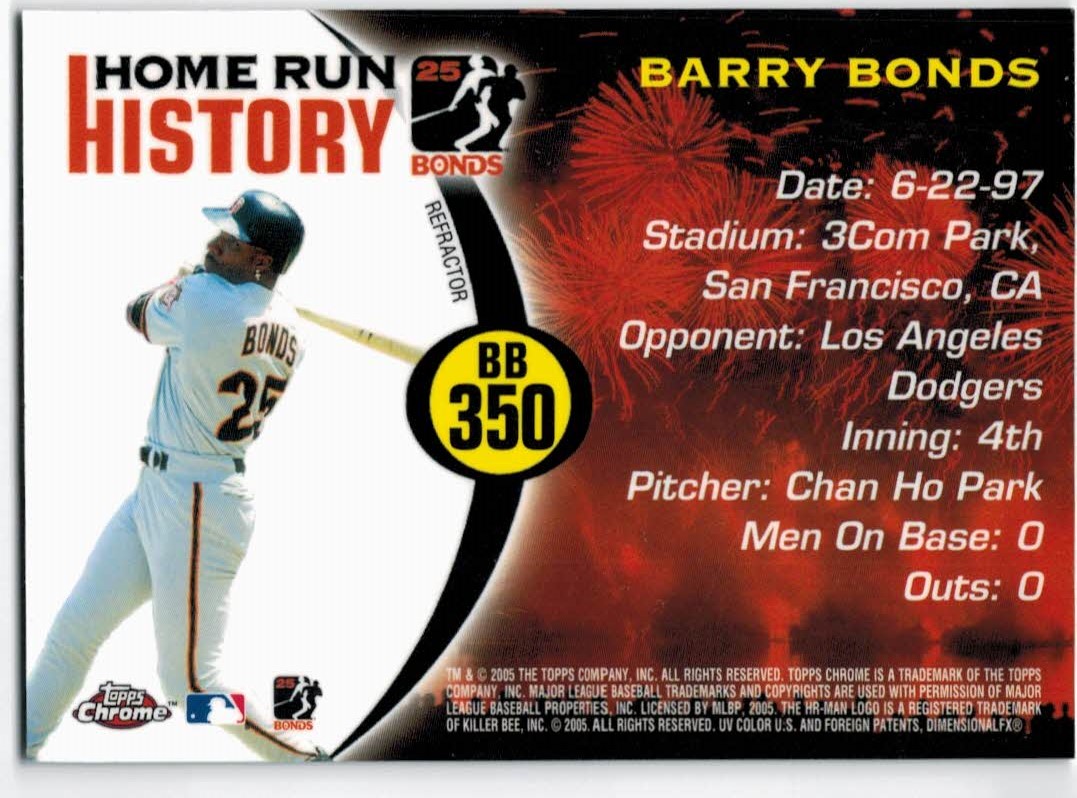 2005 Topps Chrome Update Barry Bonds Home Run History Refractors #350 Barry Bonds back image