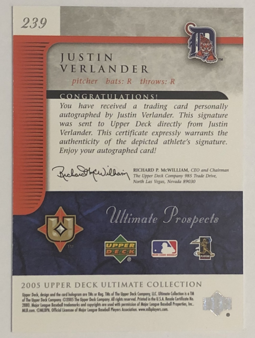2005 Ultimate Collection #239 Justin Verlander AU RC back image