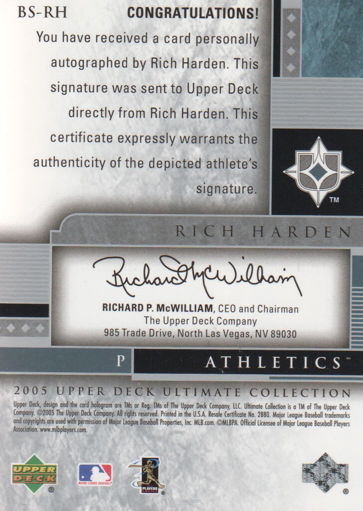 2005 Ultimate Collection Baseball Stars Signatures #RH Rich Harden/25 back image