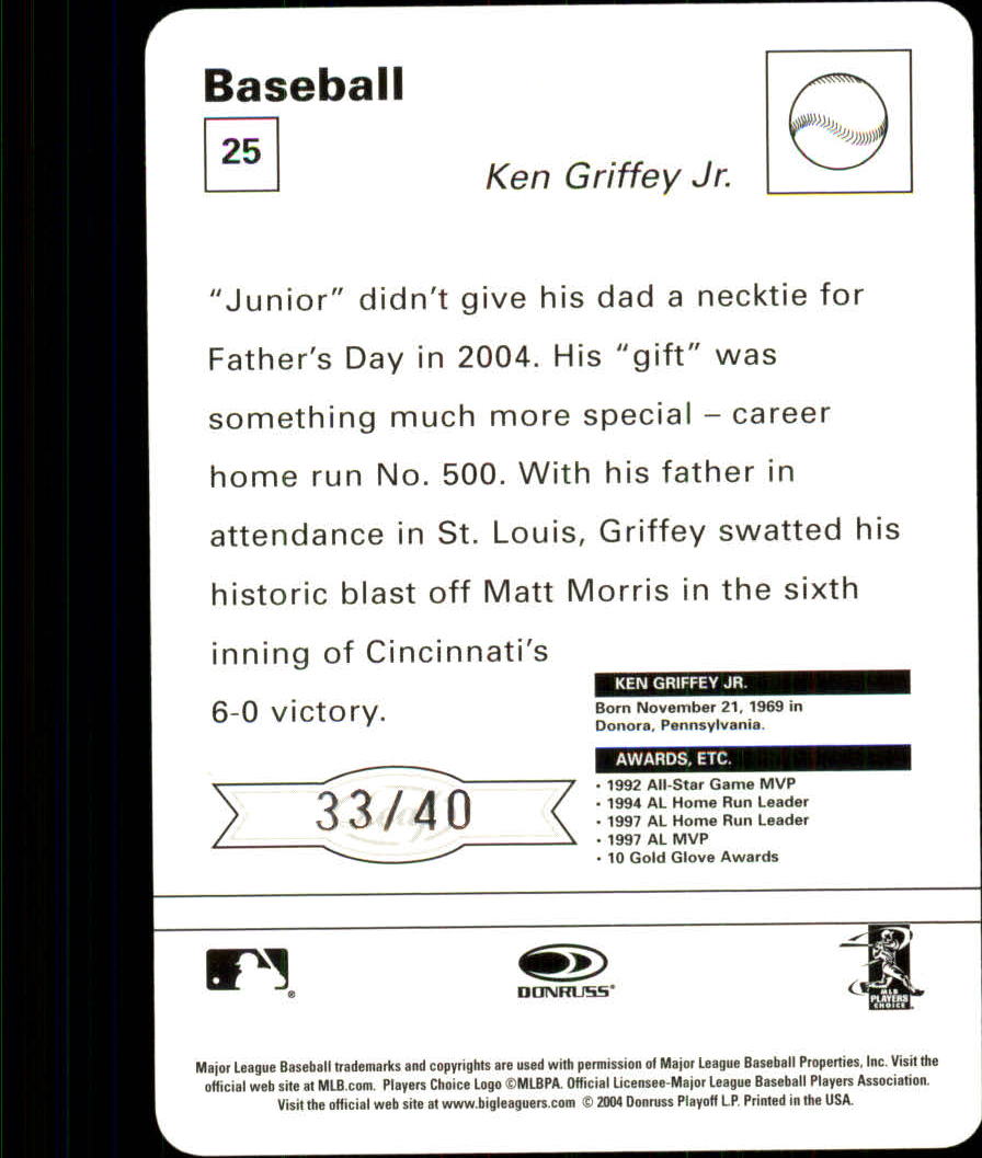2005 Leaf Sportscasters 40 Teal Batting-Bat #25 Ken Griffey Jr. back image