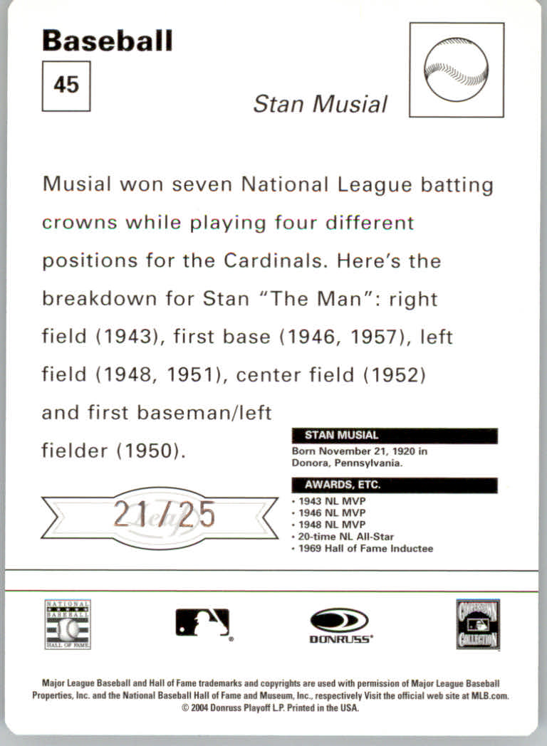 2005 Leaf Sportscasters 25 Yellow Running-Bat #45 Stan Musial back image