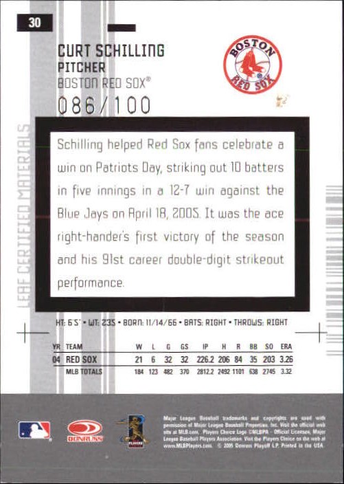 2005 Leaf Certified Materials Mirror Red #30 Curt Schilling Sox back image