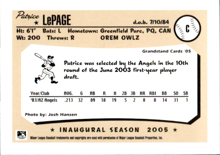 2005 Orem Owlz Grandstand #29 Patrice Lepage Greenfield Parc