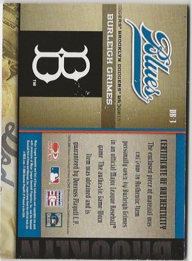2005 Donruss Greats Dodger Blues Brooklyn Material #3 Burleigh Grimes Pants T4 back image