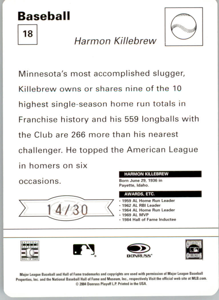 2005 Leaf Sportscasters 30 Yellow Leaping-Ball #18 Harmon Killebrew back image