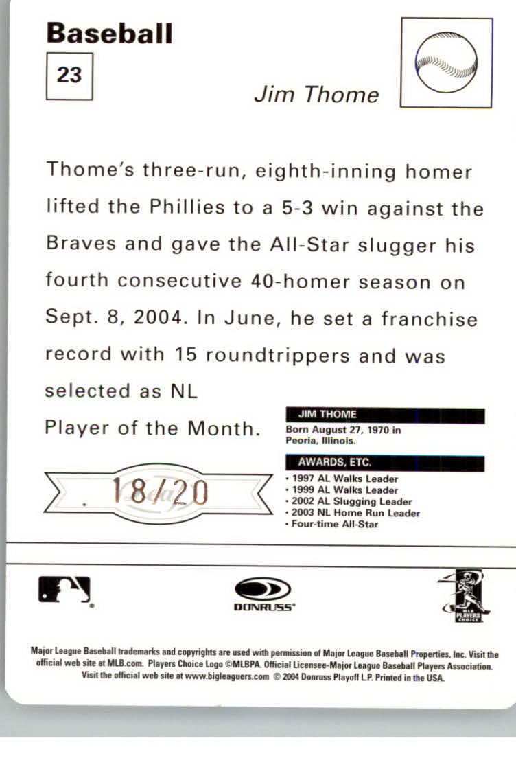 2005 Leaf Sportscasters 20 Beige Fielding-Bat #23 Jim Thome back image