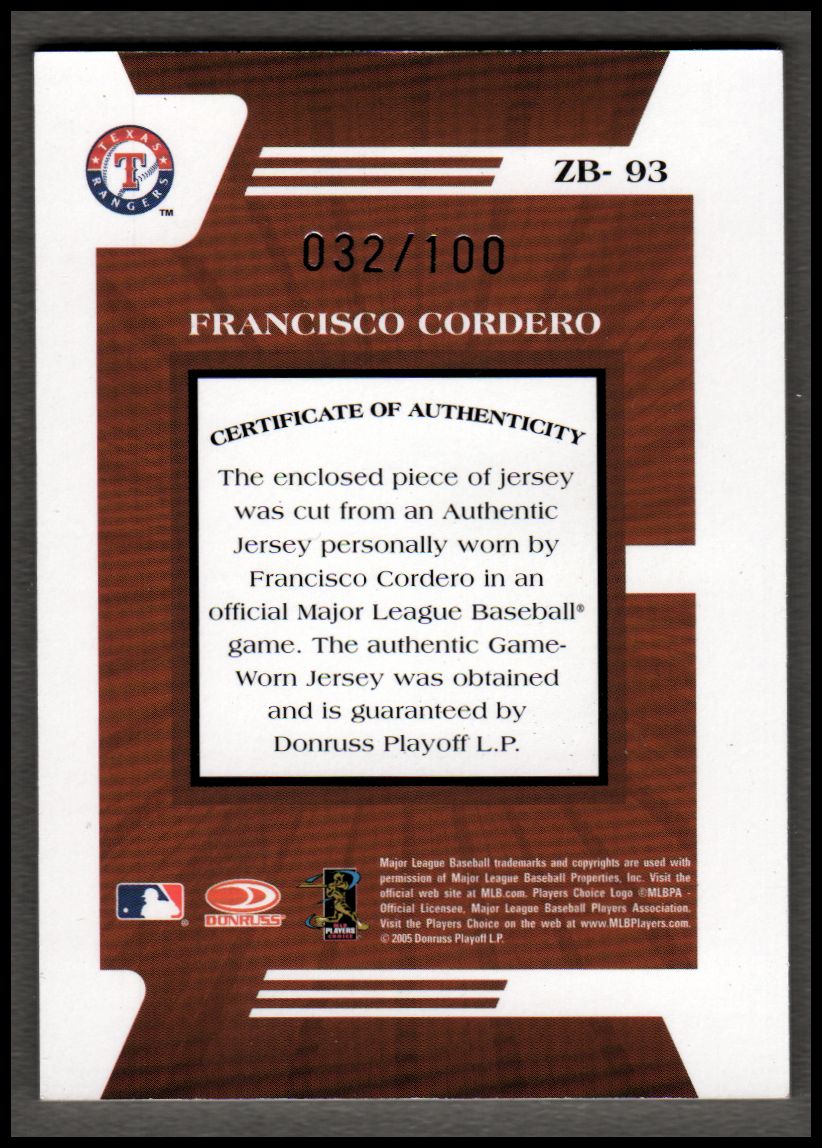 2005 Zenith Z-Jerseygraphs #93 Francisco Cordero/100 back image