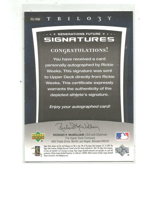 2005 Upper Deck Trilogy Generations Future Signatures Bronze #RW Rickie Weeks back image