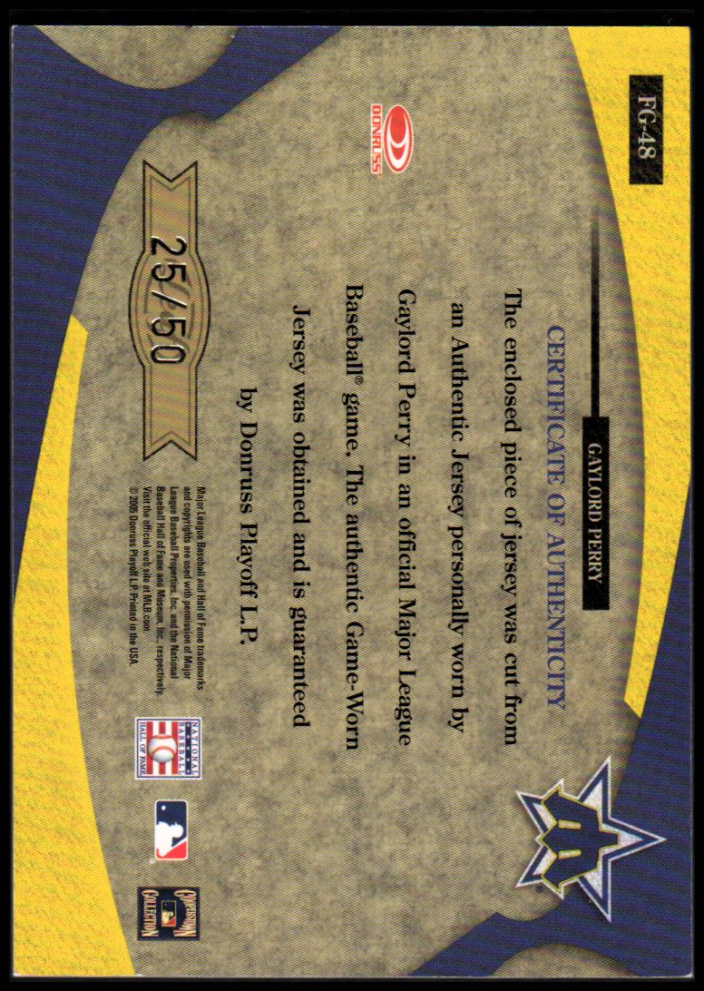 2005 Leaf Certified Materials Fabric of the Game Reward #48 Gaylord Perry M's Jsy/50 back image