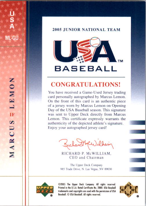 2005-06 USA Baseball Junior National Team Opening Day Jersey Signature Blue #ML Marcus Lemon back image