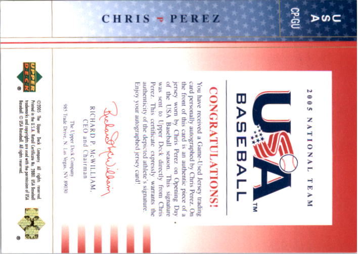 2005-06 USA Baseball National Team Opening Day Jersey Signature Red #CP Chris Perez back image