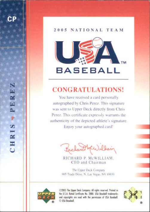 2005-06 USA Baseball National Team Signature Black #CP Chris Perez back image