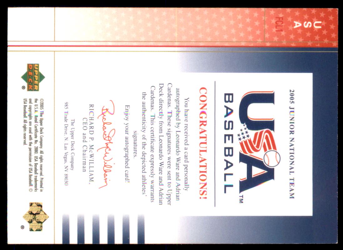 2005-06 USA Baseball Junior National Team Future Category Leaders Dual Signatures Blue #1 L.Ware/A.Cardenas back image