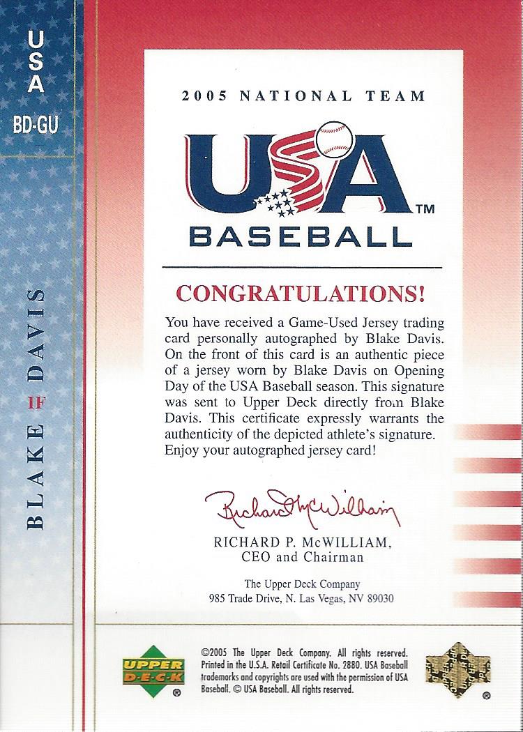 2005-06 USA Baseball National Team Opening Day Jersey Signature Blue #BD Blake Davis back image