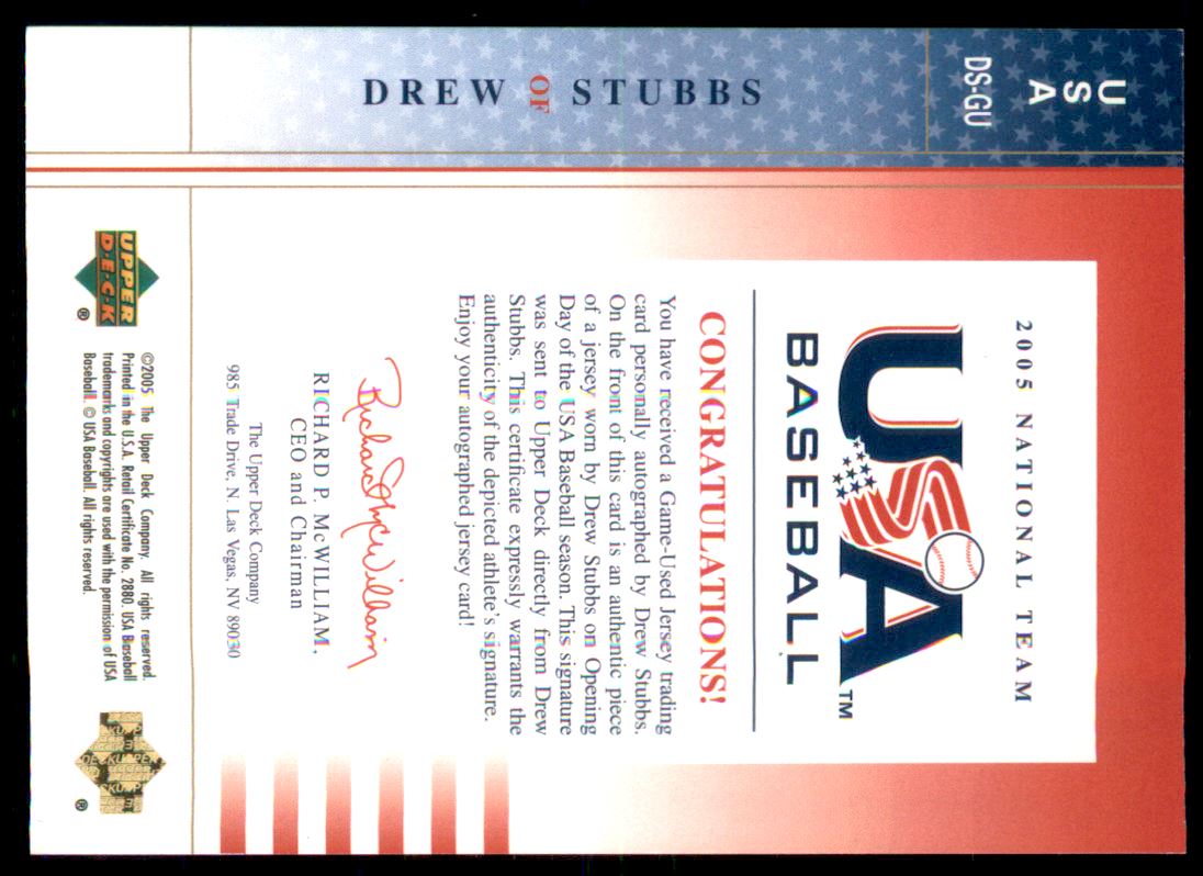 2005-06 USA Baseball National Team Opening Day Jersey Signature Blue #DS Drew Stubbs back image